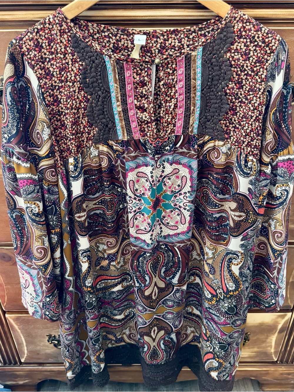 Uncle Frank Boho Paisley Tunic Dress Size Large Brown Crochet Trim